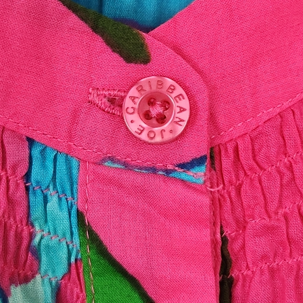 Caribbean Joe Cotton Tropical Pink Multicolor Smocked Button-Up Blouse Size XL - Picture 6 of 9